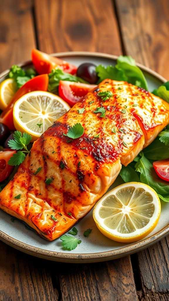 A grilled salmon fillet from the air fryer, garnished with herbs and lemon, served with salad.